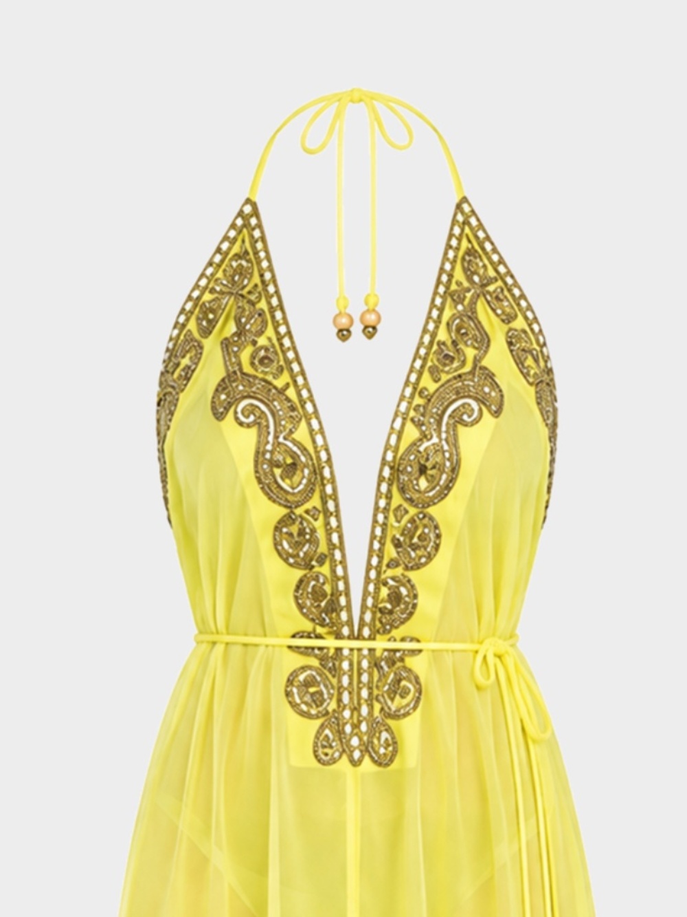 Designer Yellow Gold Hand Beaded Halter High Low Dress Bridesmaid Wedding Guest